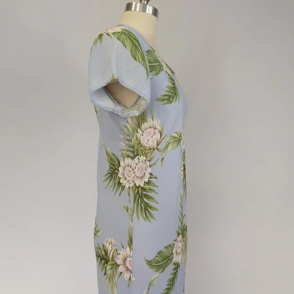 Vintage Kaua'iana Hawaiian Midi Dress Size M Petite Blue Floral Tropical *FLAWS - Picture 7 of 14